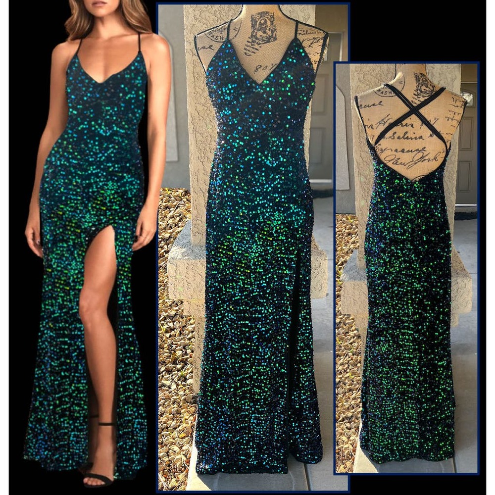 Lulus Sequin Green Blue Iridescent Black Velvet Back Lace UplMaxi Dress Size L